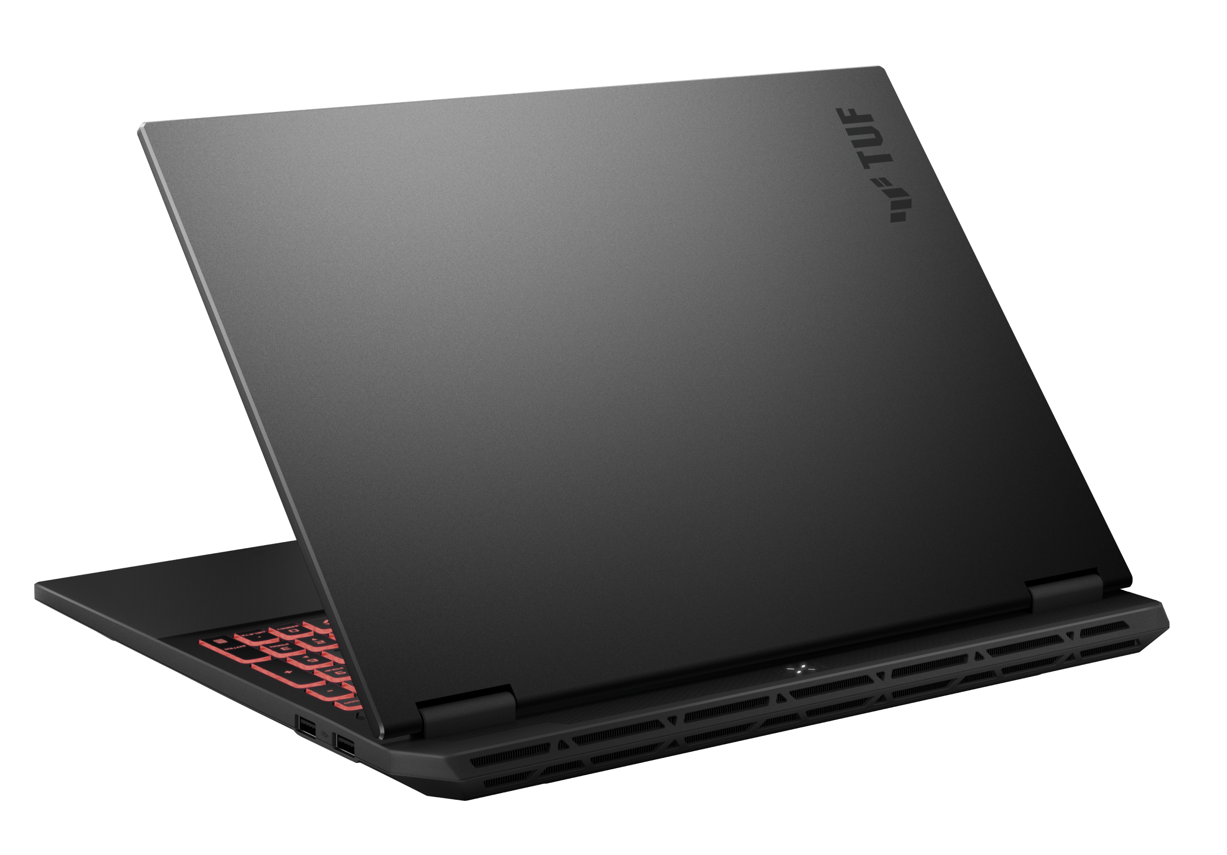 Czarny laptop, częściowo otwarty, z czerwonym podświetleniem klawiatury. Ekran jest pochylony, pokazując klawiaturę i logo TUF.