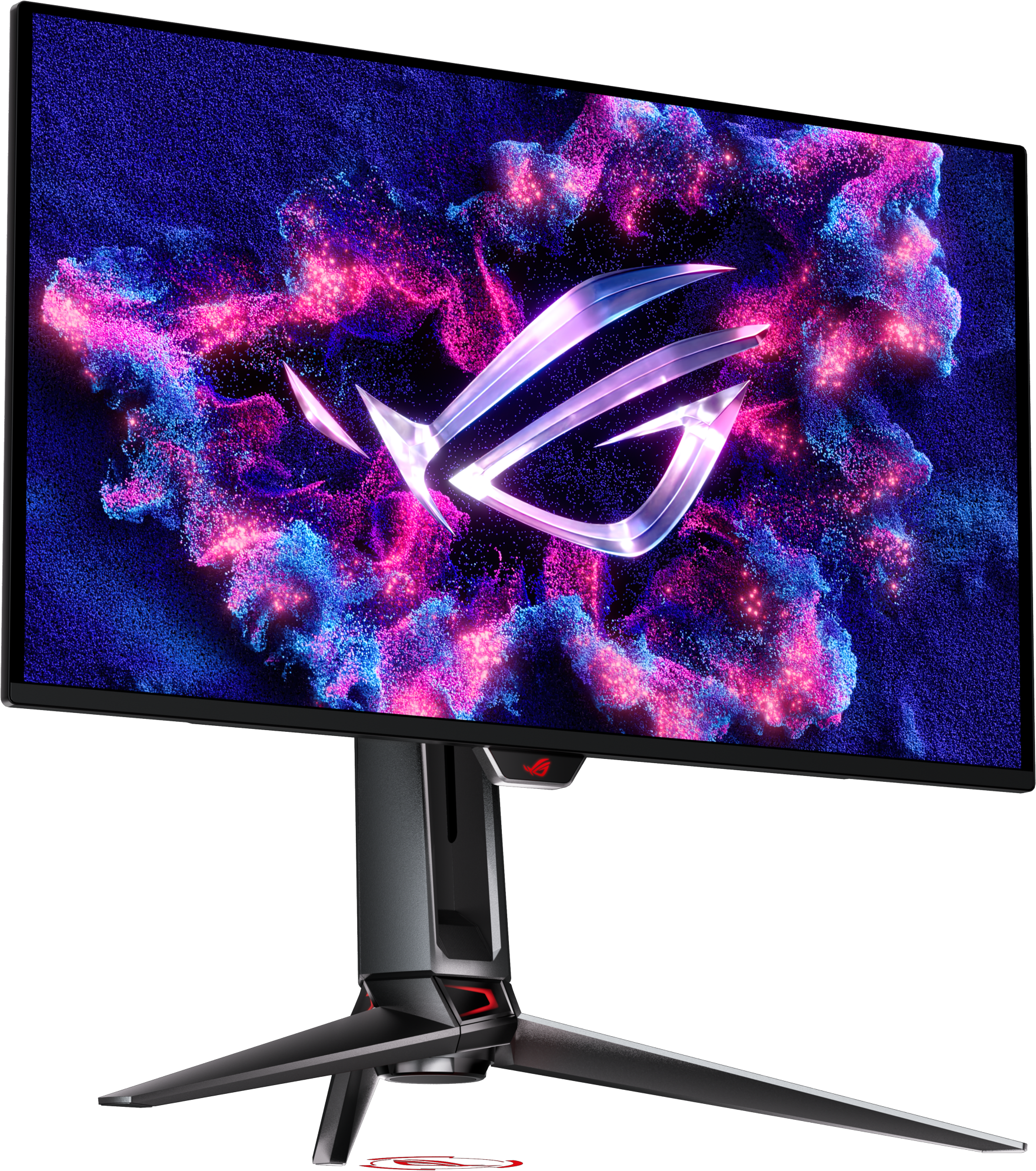 Ein Computermonitor zeigt eine farbenfrohe Grafik mit einem Logo. Er hat einen schwarzen Ständer und ein rotes Logo.
