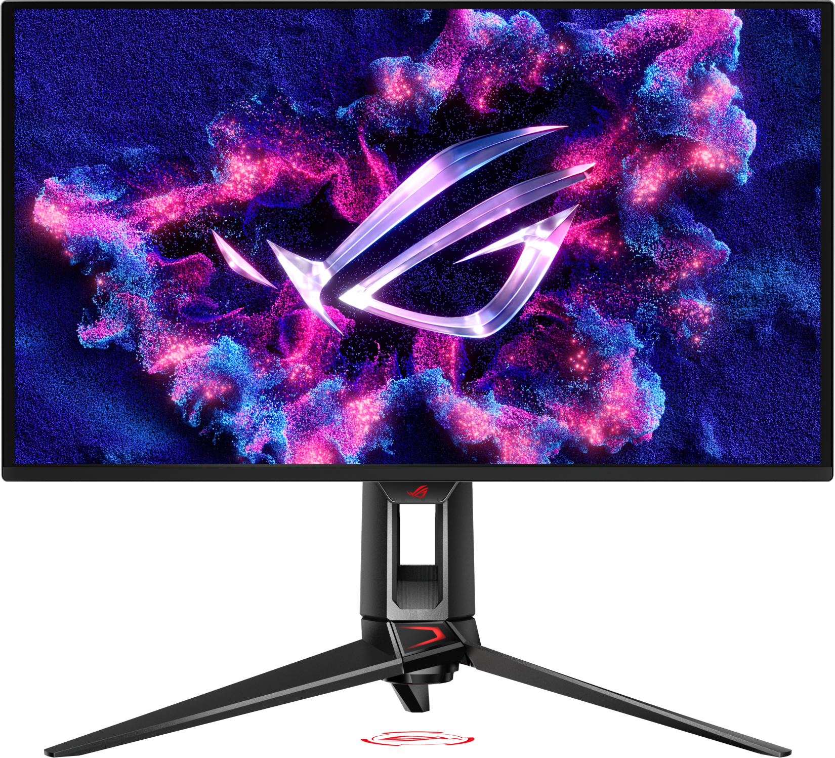 Gaming-Monitor mit schwarzem Ständer. Der Bildschirm zeigt ein farbenfrohes abstraktes Design und das ROG-Logo.