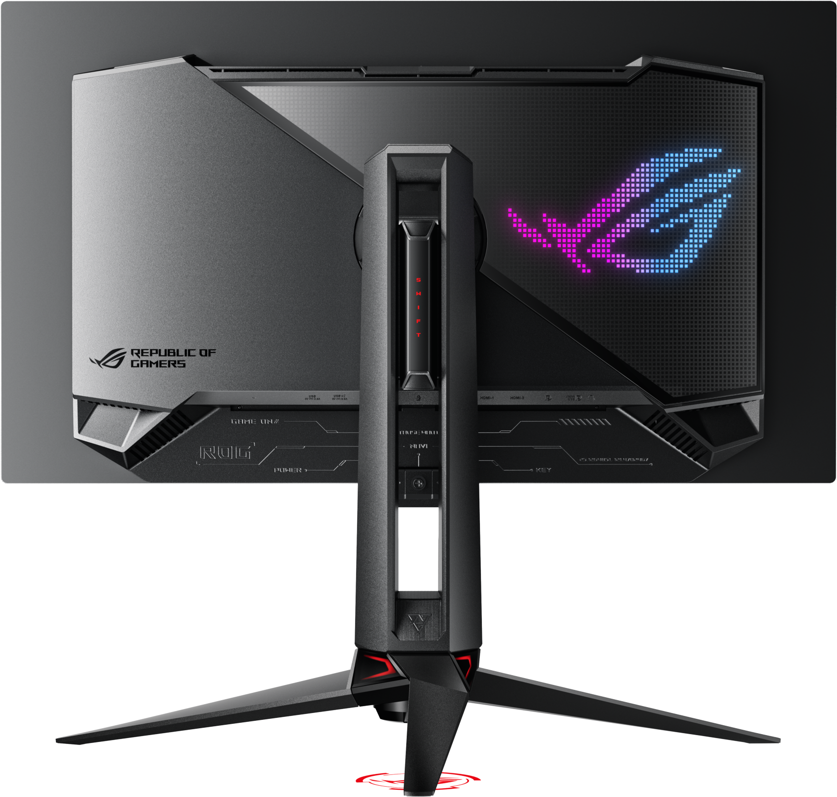 Rückseite eines Gaming-Monitors mit ROG-Logo. Er hat einen schwarzen Ständer mit roten Akzenten und der Monitor ist dunkelgrau.