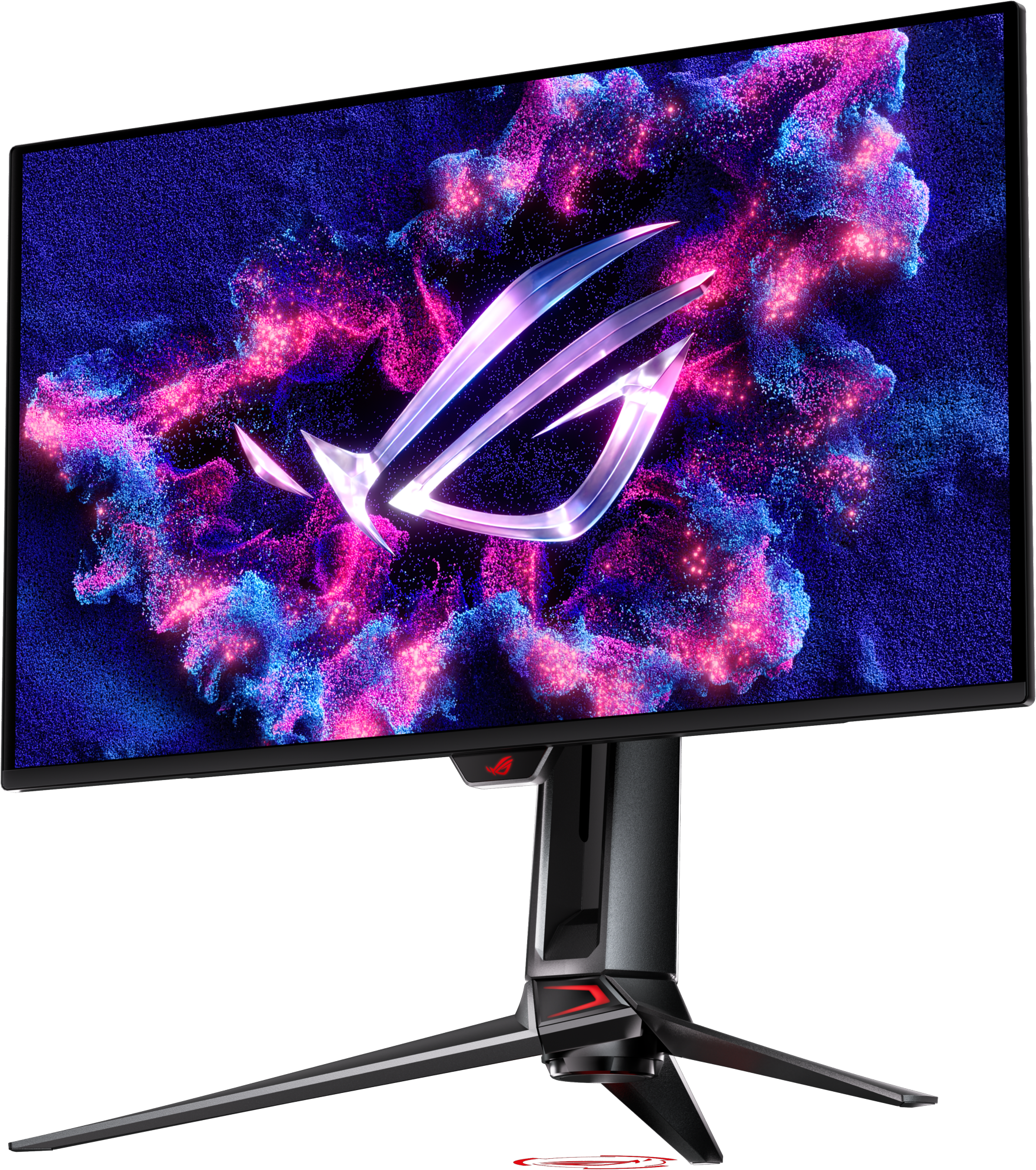 Ein gewölbter Monitor zeigt eine farbenfrohe Grafik. Der Monitor ist schwarz mit einem Ständer. Das ROG-Logo ist prominent.