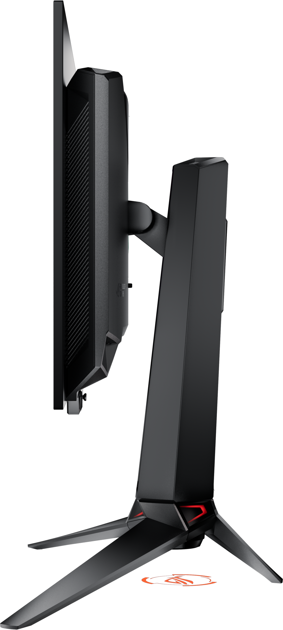 Seitenansicht eines schwarzen Gaming-Monitors. Der Monitor hat einen dünnen Rahmen und einen Ständer mit roten Akzenten. Der Fuß ist ein Dreibein.