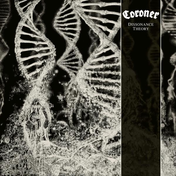Artwork mit weißen DNA-Strängen vor schwarzem Hintergrund. Text lautet 'Coroner Dissonance Theory'.