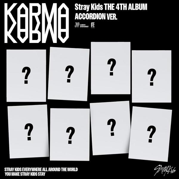 Albumcover mit Fragezeichen auf weißen Karten, Stray Kids-Branding, schwarzem Hintergrund und weißem Text.