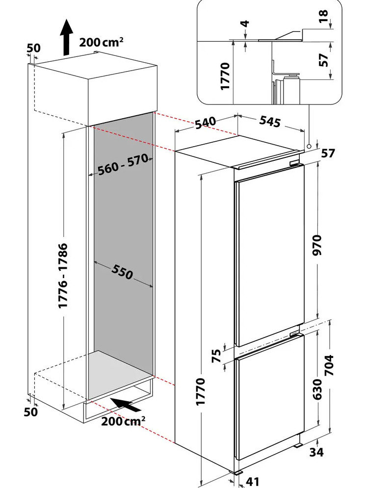 Schemat lodówki z wymiarami. Pokazuje lodówkę i zamrażarkę z wymiarami w cm, w tym wysokość, szerokość i głębokość.