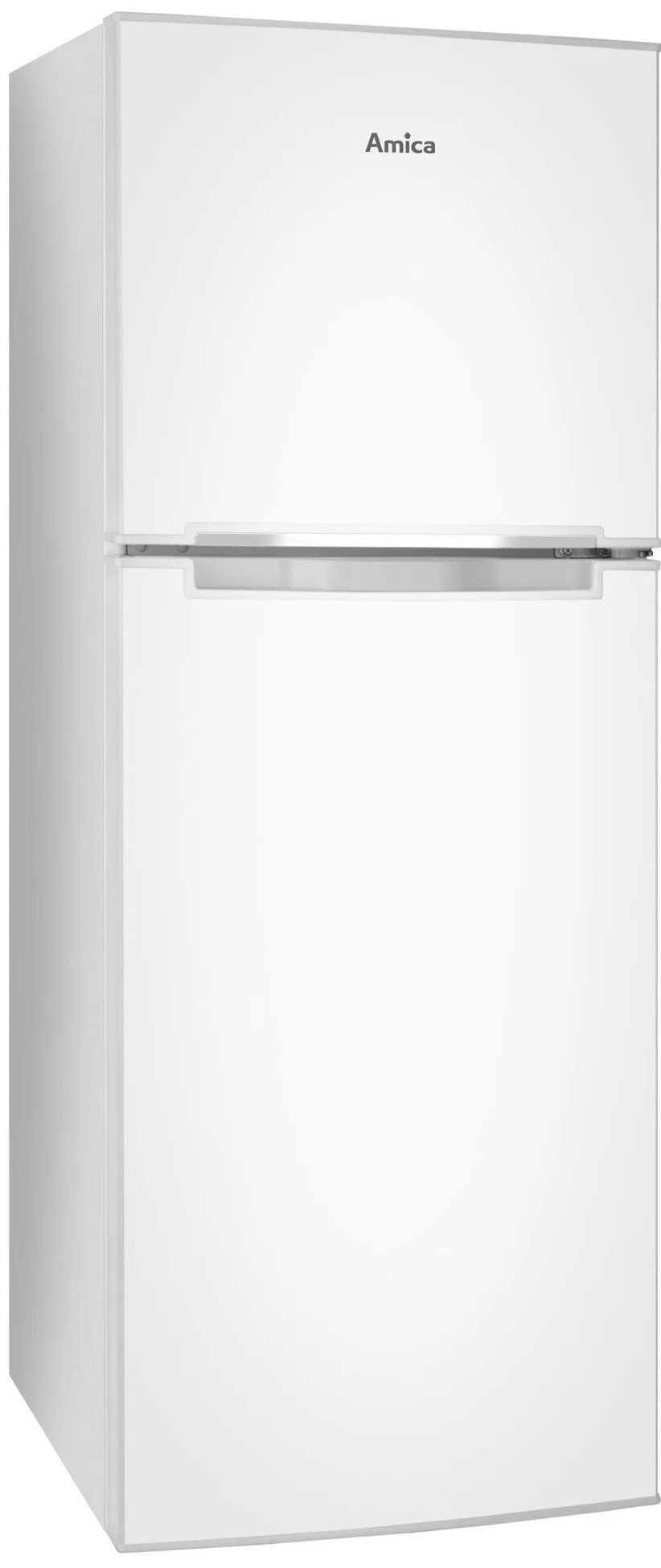 Biała lodówka Amica. Ma dwie części, górną zamrażarkę i dolną komorę chłodziarki. Srebrny uchwyt.