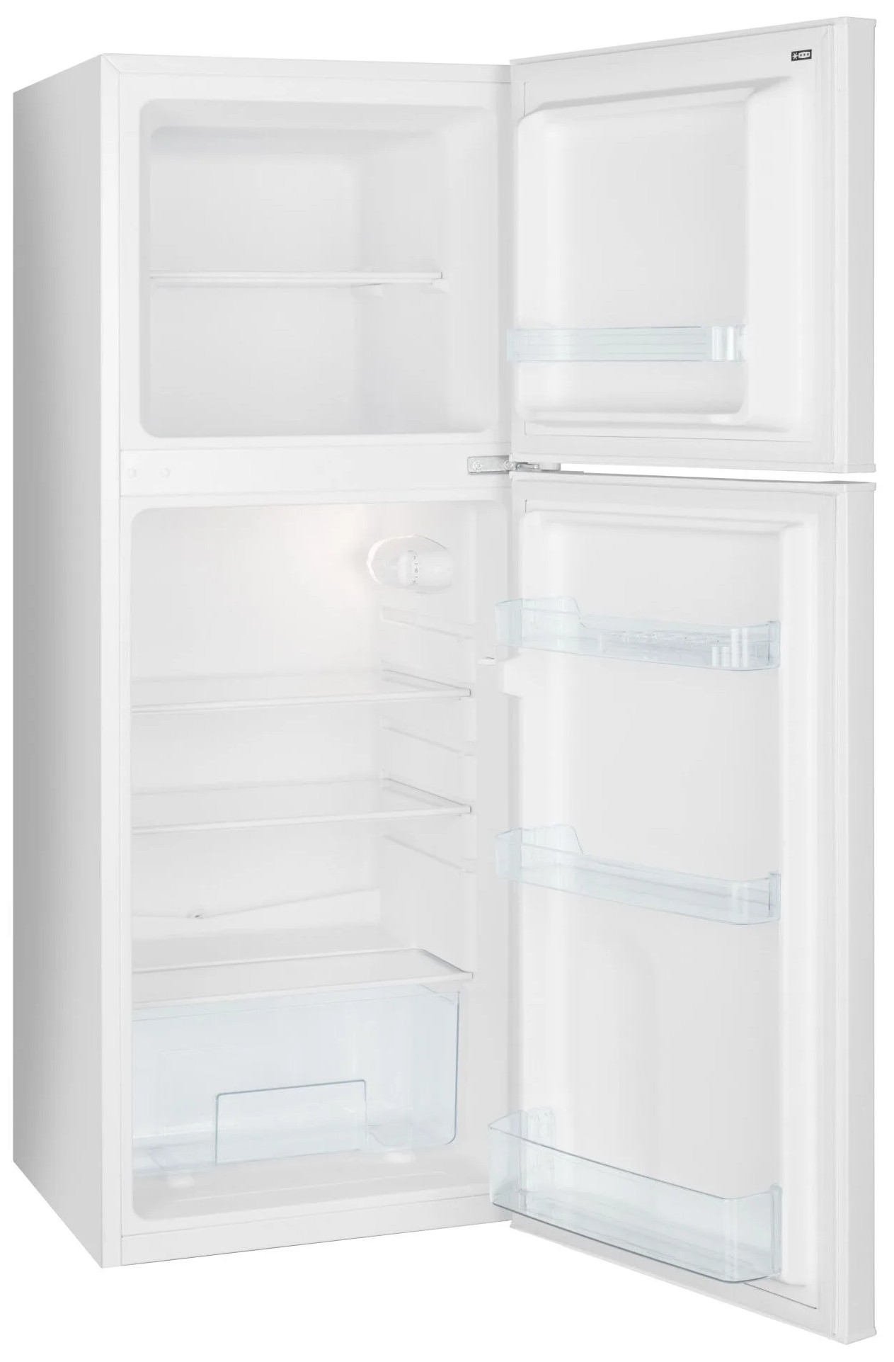 Biała lodówka z otwartymi drzwiami, ukazująca półki i przegródki. Górna część to zamrażarka, dolna to lodówka.