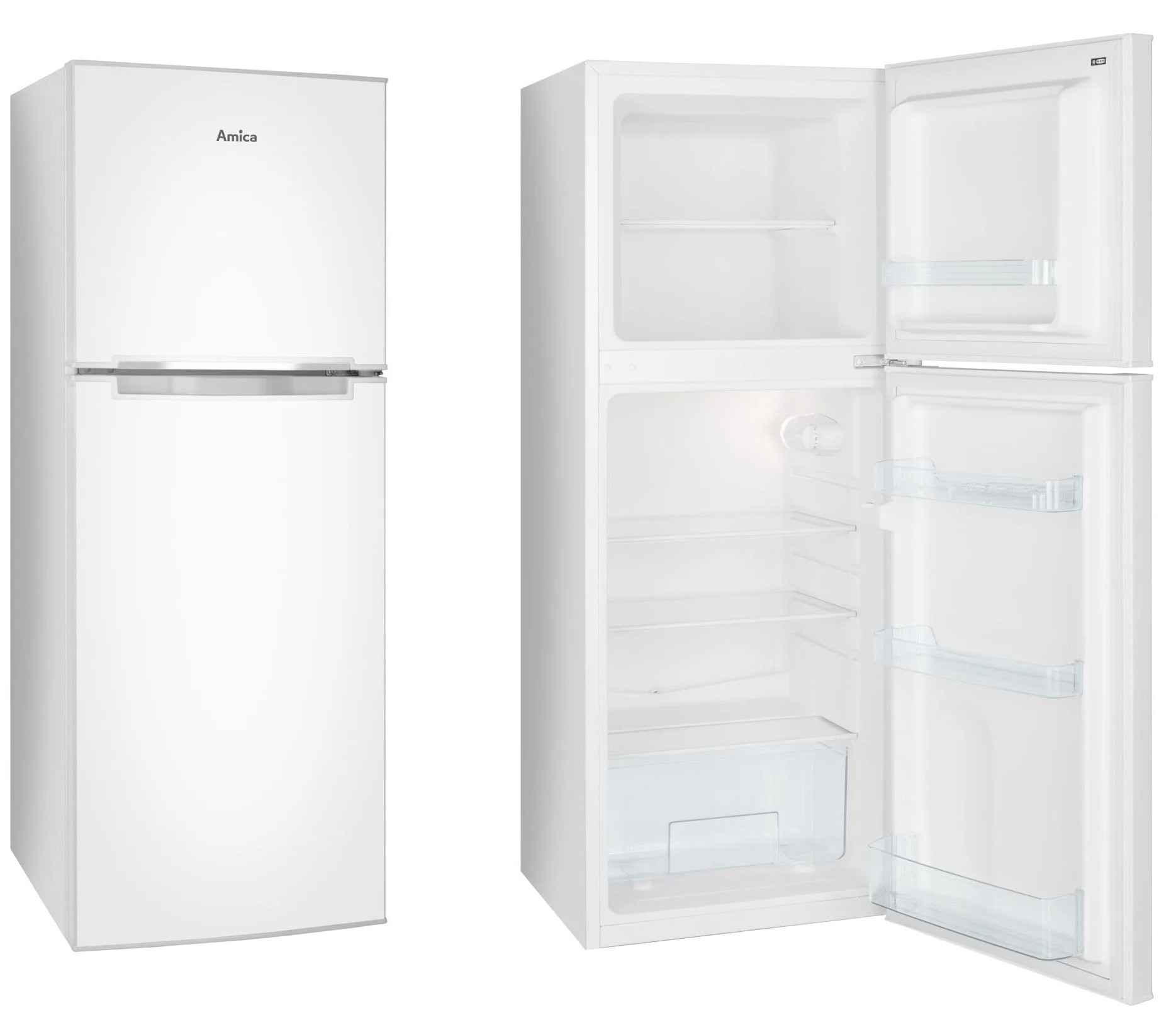 Biała lodówka z dwiema drzwiami, jedne otwarte. Otwarte drzwi odsłaniają półki i oświetlenie wewnętrzne.