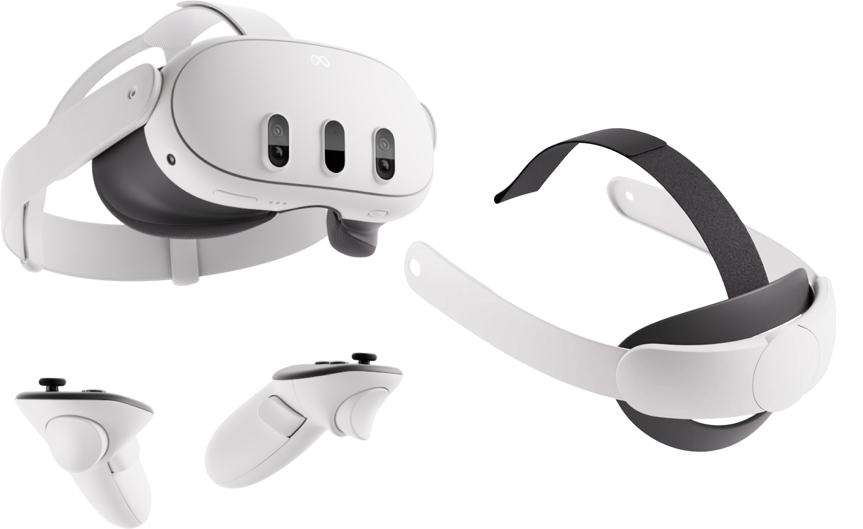 VR-Headset und Controller. Weißes Headset mit drei Frontkameras, schwarzem Riemen und zwei weißen Controllern mit Knöpfen.