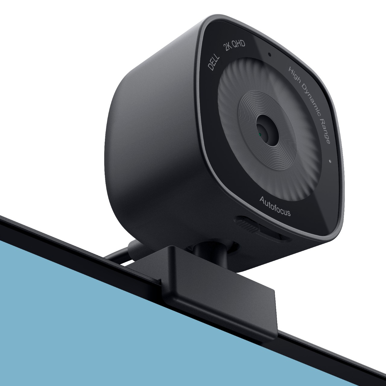Eine schwarze Dell-Webcam ist an einem Bildschirm befestigt. Es hat ein Objektiv mit 'Autofokus' und '2K QHD'. Der Bildschirm ist blau.