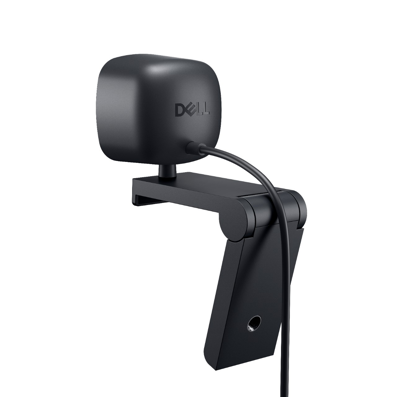 Eine schwarze Dell-Webcam wird gezeigt. Die Kamera ist an einer Halterung mit einem Kabel befestigt. Der Hintergrund ist weiß.