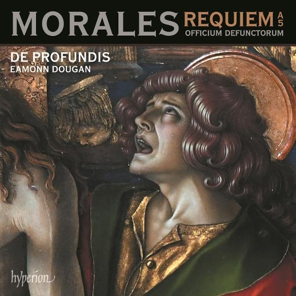 Eine Person mit roten Locken blickt mit offenem Mund und Tränen nach oben. Ein goldener Heiligenschein ist dahinter. Oben steht der Titel 'MORALES REQUIEM'.