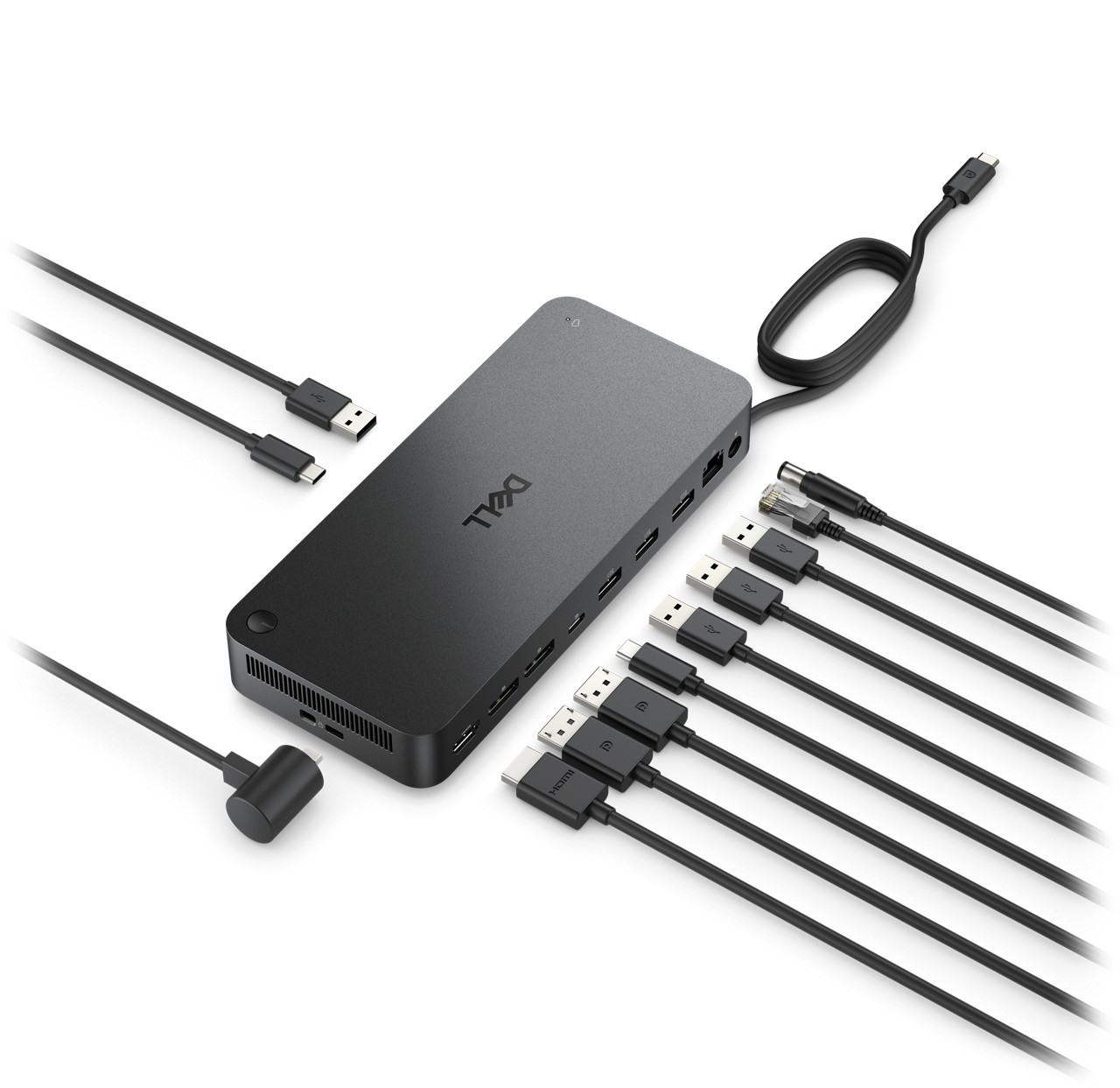 Eine Dell-Dockingstation mit verschiedenen schwarzen Kabeln, darunter HDMI, USB und Strom, angeordnet auf einer weißen Oberfläche.