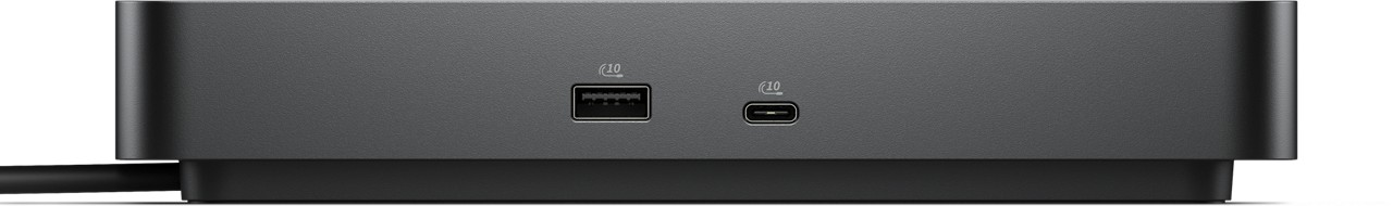 Eine schwarze Dockingstation mit USB- und USB-C-Anschlüssen. Die Vorderseite ist dunkelgrau. Ein Kabel ist links befestigt.