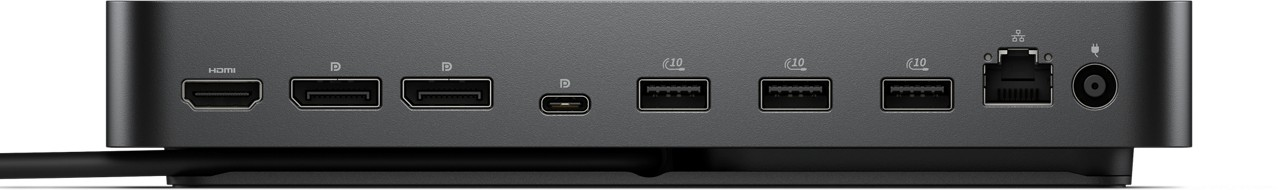 Schwarze Dockingstation mit verschiedenen Anschlüssen: HDMI, DisplayPort, USB, USB-C, Ethernet und Stromeingang. Sie steht auf einem schwarzen Sockel.