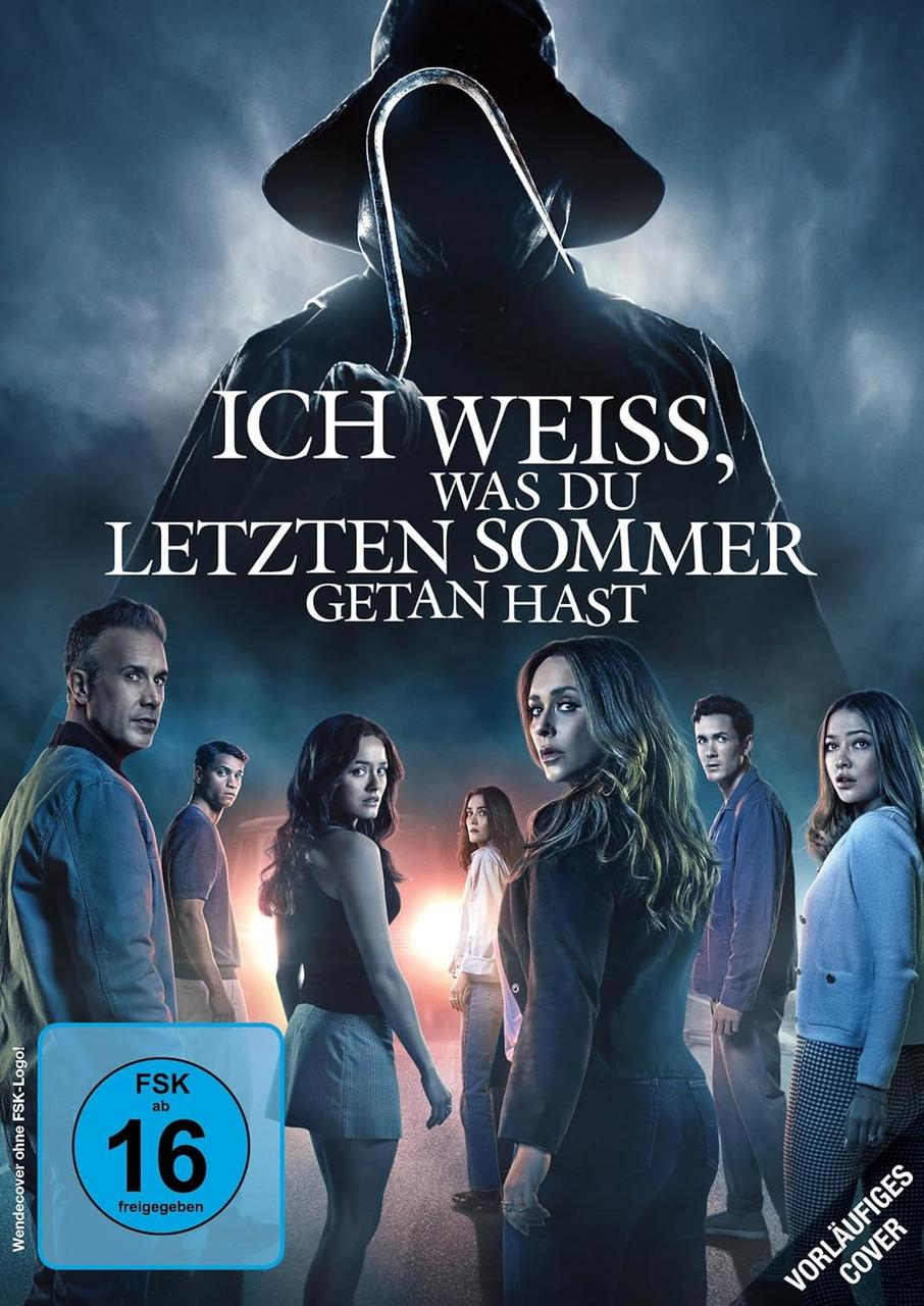 Filmposter mit einer Figur, die einen Haken hält, Titel 'Ich weiß, was du letzten Sommer getan hast', und einer Gruppe junger Leute.