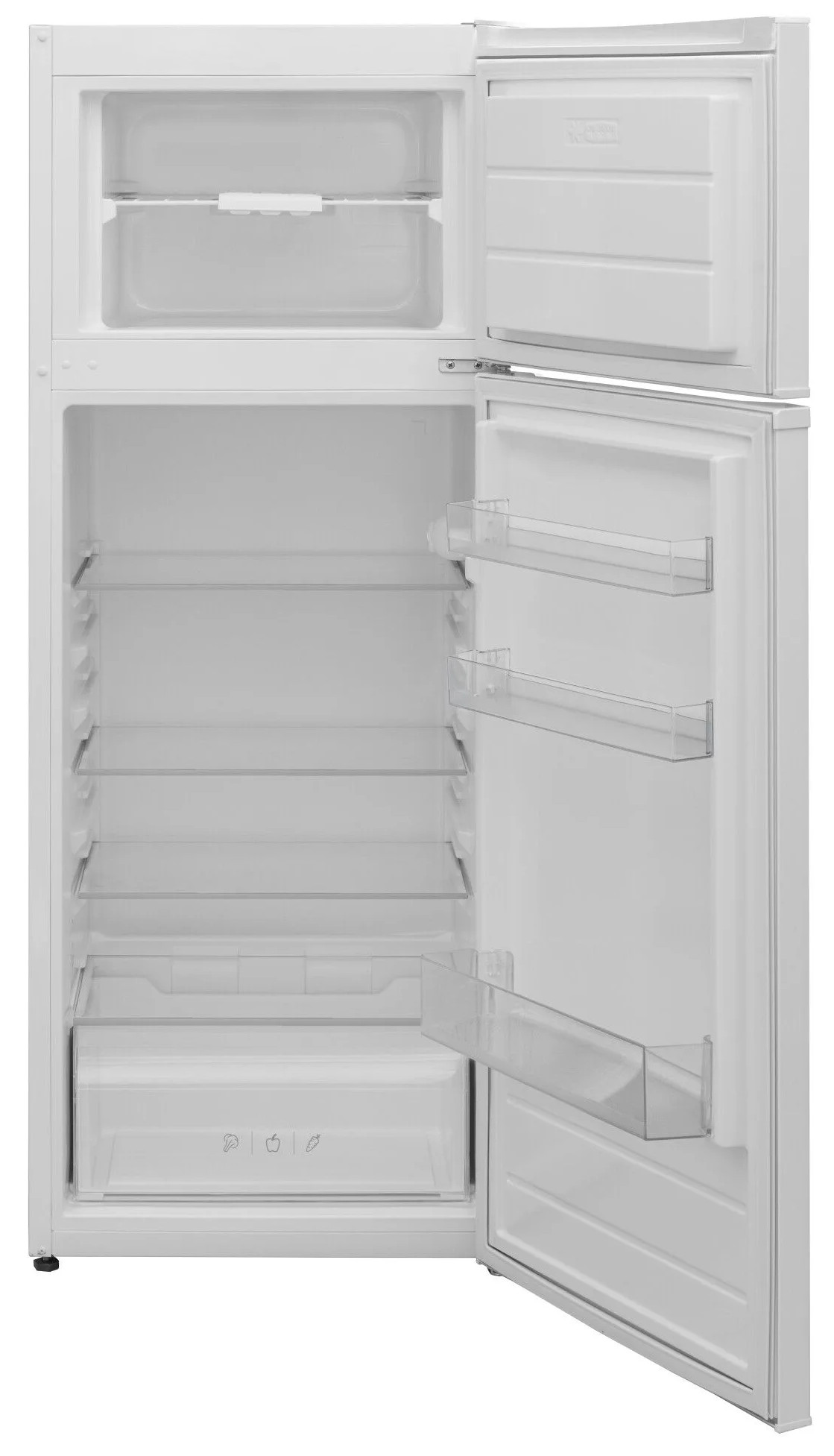 Biała lodówka z otwartymi drzwiami. Wewnątrz znajdują się półki, szuflady i przegródki w drzwiach. Zamrażarka jest otwarta na górze.