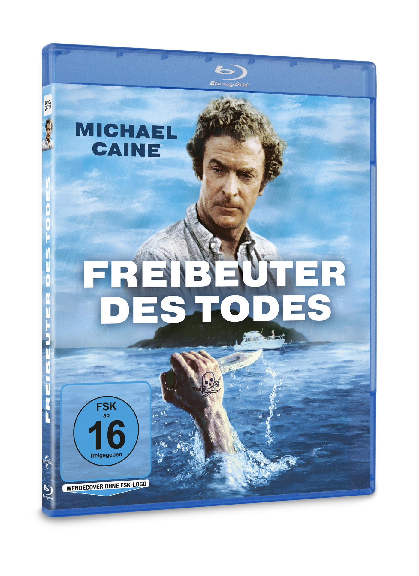 Blu-ray-Cover für „Freibeuter des Todes“ mit Michael Caine. Eine Hand hält ein Messer. Ein Boot und ein Totenkopf-Tattoo sind sichtbar.
