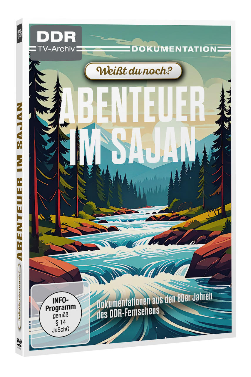 DVD-Cover mit dem Titel "Abenteuer im Sajan". Zeigt eine Flussszene mit Bergen und Bäumen im Hintergrund. Text sagt "Dokumentation".