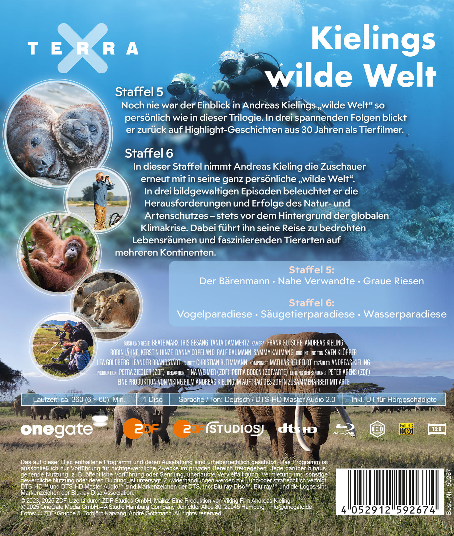 DVD-Cover mit Titel, Fotos von Tieren und Tauchern, Logos und Textinformationen.