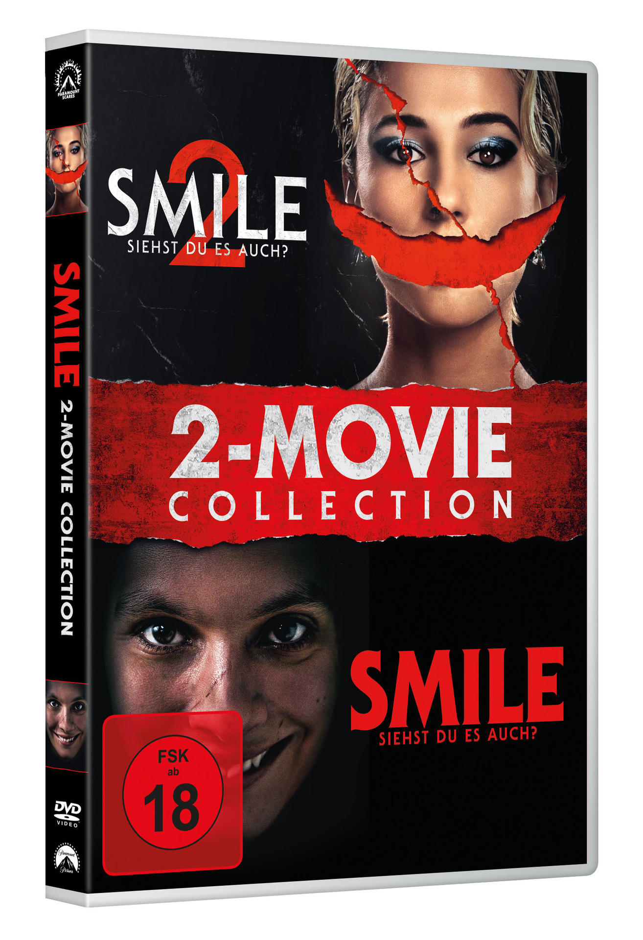 DVD-Hülle für Smile 2-Movie Collection. Zeigt Gesichter mit roten, zerrissenen Smileys. Text sagt 'Smile' und '2-Movie Collection'.