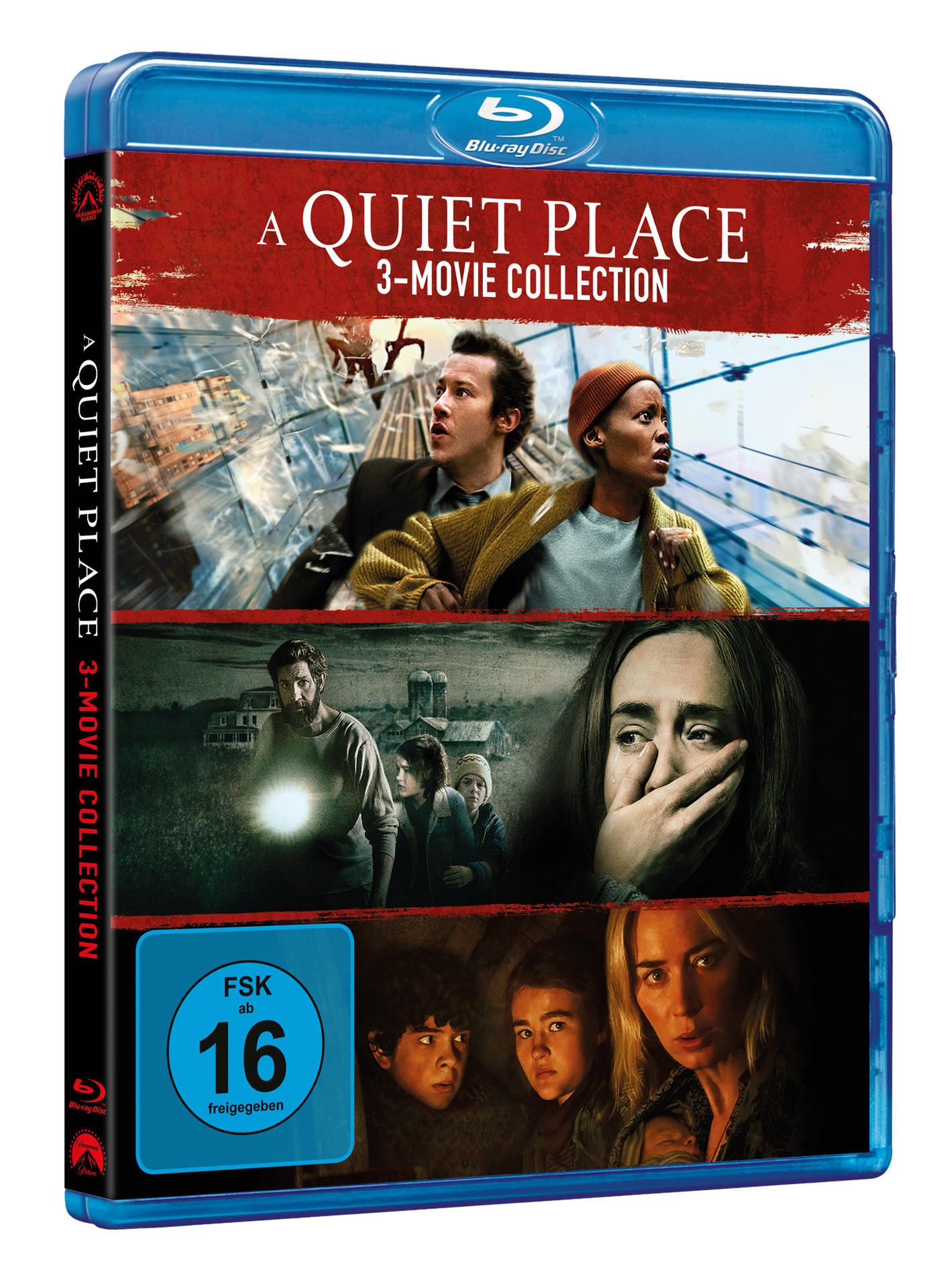 Blu-ray-Hülle für 'A Quiet Place 3-Movie Collection'. Enthält Schauspieler, eine Bewertung und ein rotes Banner.
