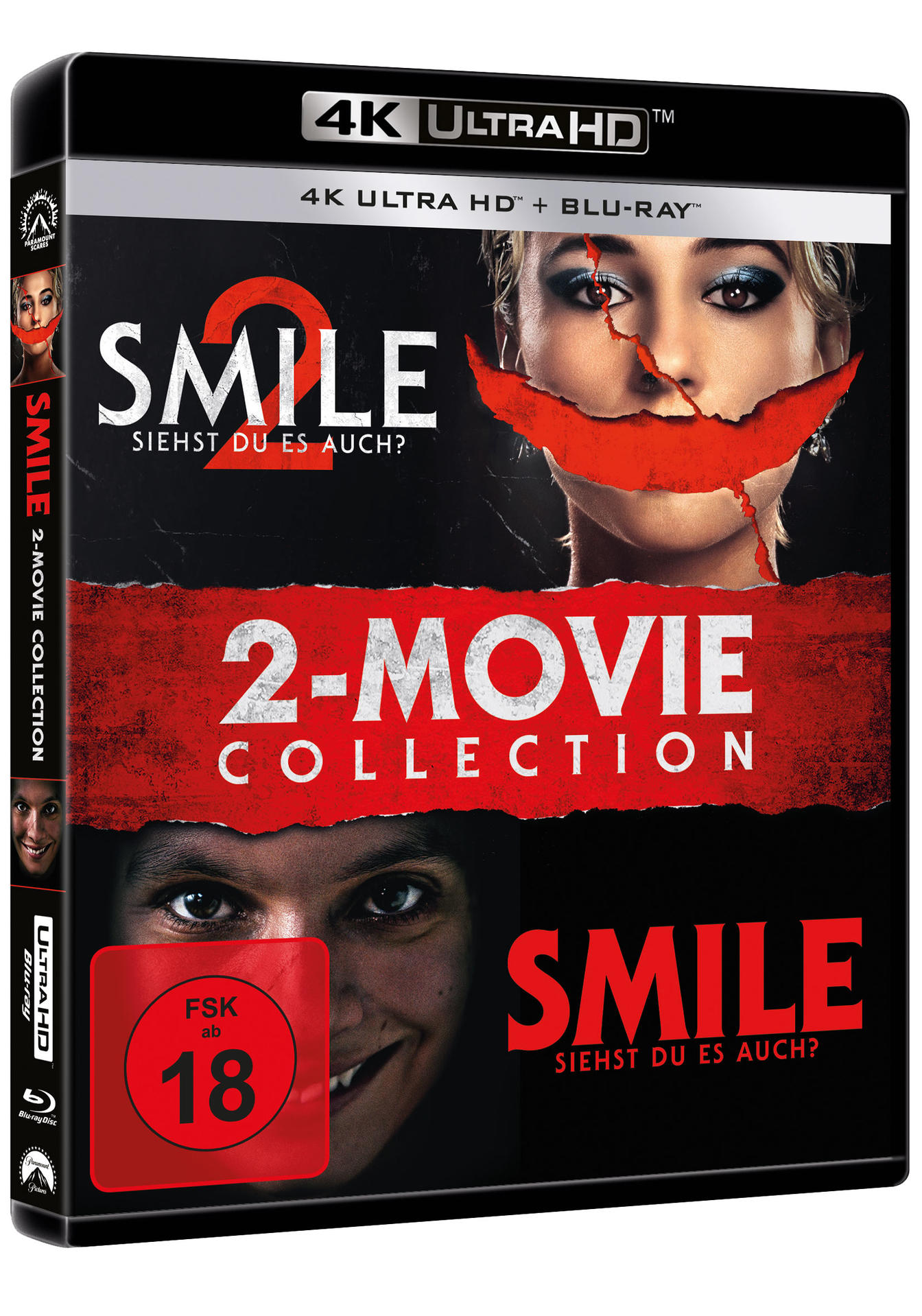 Filmcover für 'Smile 2-Movie Collection'. Zeigt eine Frau mit rotem Lächeln und den Titel. Enthält einen roten FSK-18-Aufkleber.