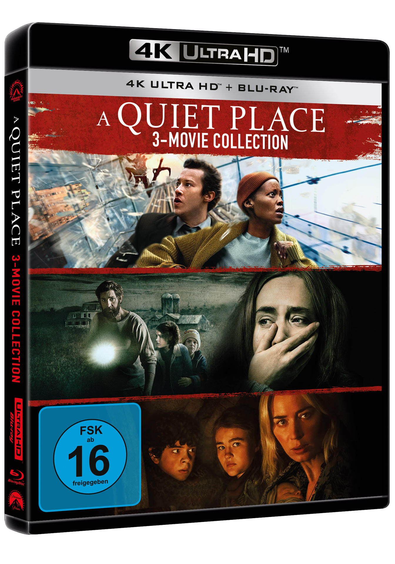 DVD-Hülle für die 'A Quiet Place' 3-Movie Collection. Enthält Bilder der Darsteller, '4K Ultra HD' und FSK 16.