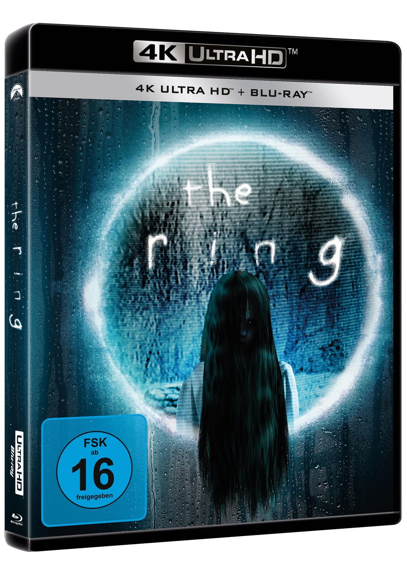 Ein 4K Ultra HD Blu-ray-Cover mit einem gespenstischen Mädchen und einem leuchtenden Ring.