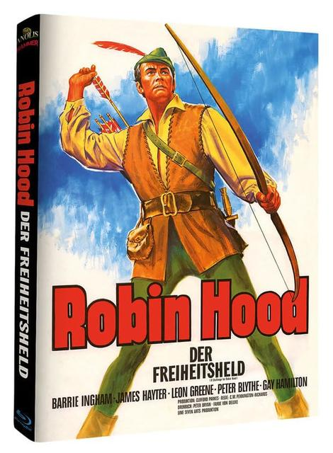 Filmplakat von Robin Hood. Ein Mann mit grünem Hut und brauner Weste zielt mit Pfeil und Bogen. Roter Text: 'Robin Hood'.