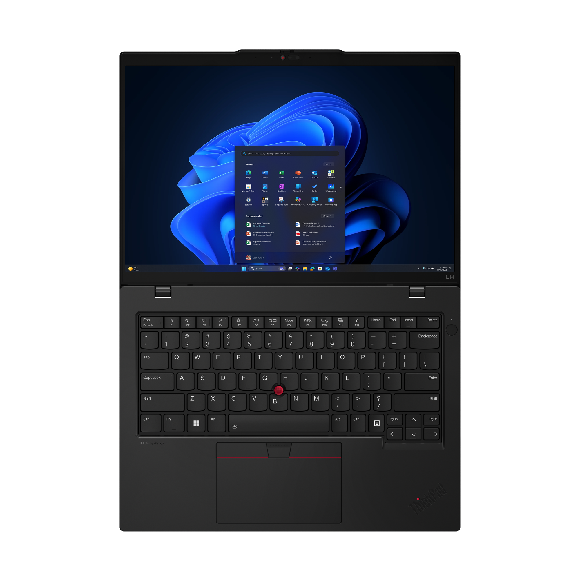 Schwarzer Laptop offen, Windows 11-Oberfläche sichtbar. Tastatur und Touchpad im Vordergrund. ThinkPad-Logo sichtbar.