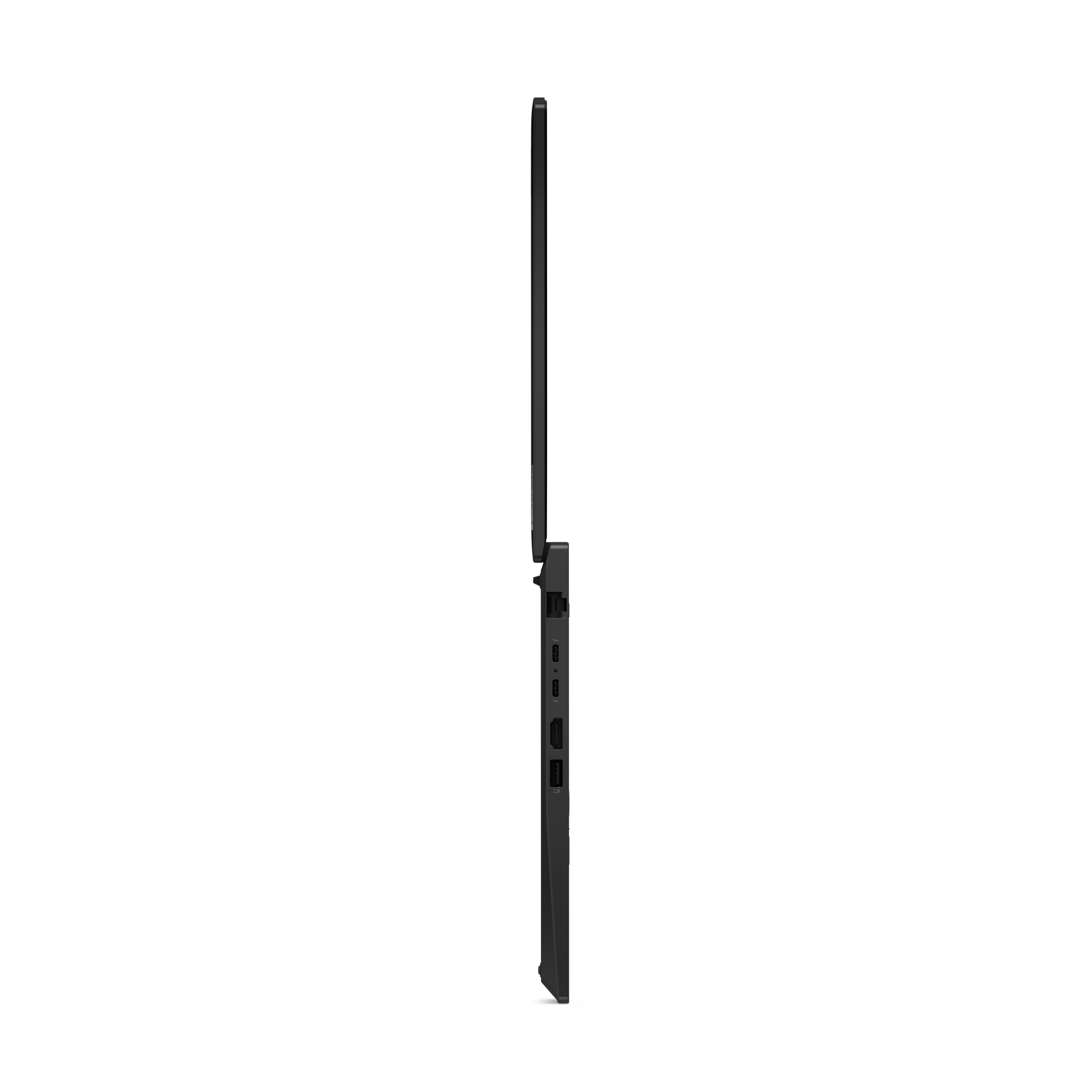 Seitenansicht eines dunklen Laptops. Der Bildschirm ist geschlossen. Anschlüsse und ein Power-Button sind sichtbar.