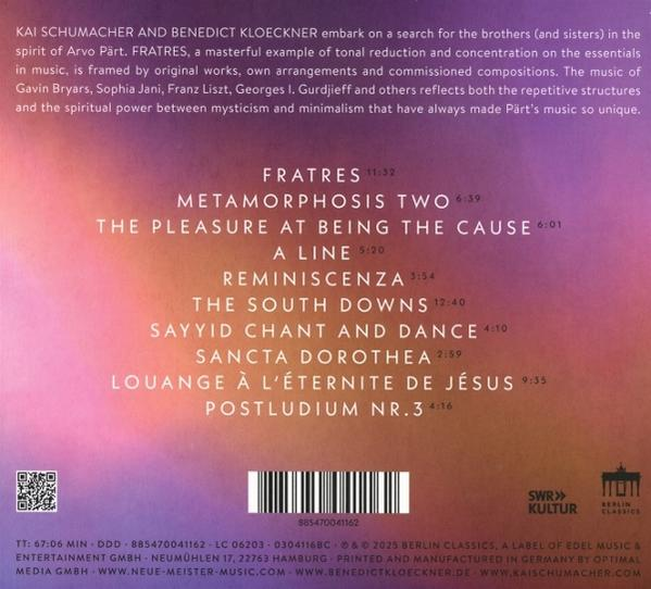 Albumcover mit Titelliste, Künstlernamen und Labeldetails. Farbverlaufshintergrund in Lila und Orange.