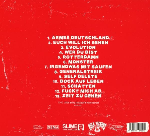 Roter Albumcover mit weißem Text, der Songtitel auflistet. Enthält Logos für Labels und einen Barcode.