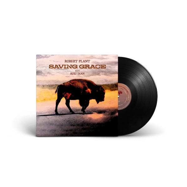 Albumcover von "Saving Grace" von Robert Plant. Zeigt eine Büffelsilhouette und eine schwarze Schallplatte.