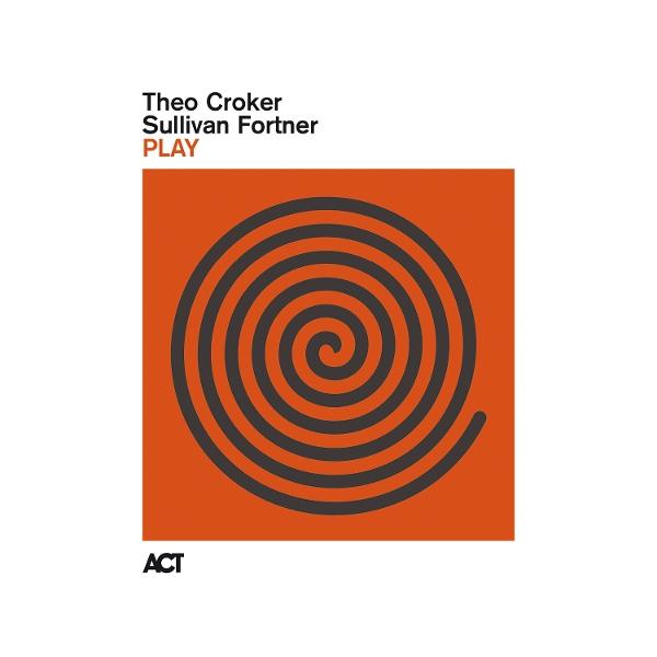 Ein orangefarbenes Quadrat mit einer dunkelgrauen Spirale. Text: Theo Croker, Sullivan Fortner, PLAY, ACT.