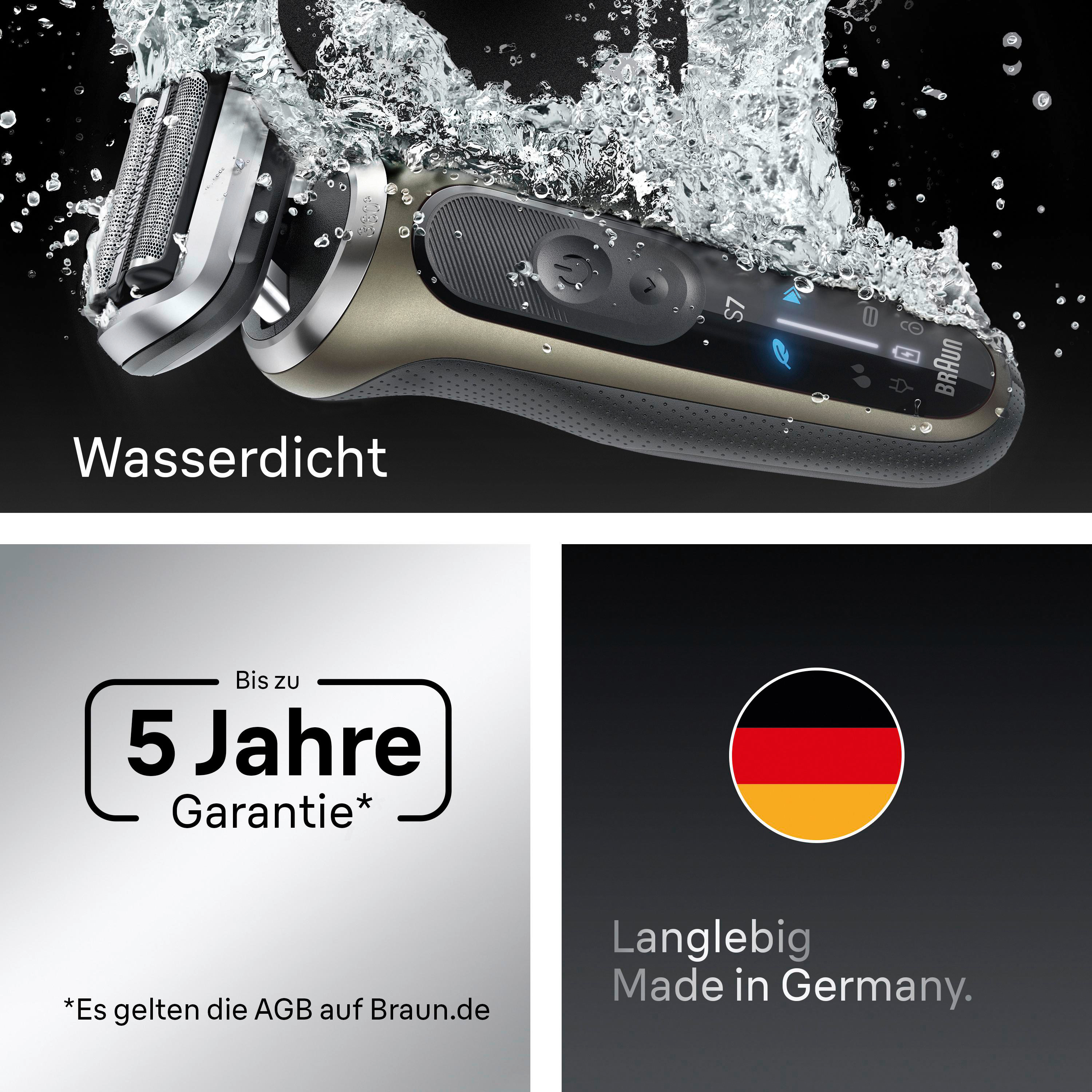 Elektrorasierer im Wasser. Es ist ein Braun S7-Modell. Der Hintergrund ist schwarz und der Rasierer ist gold und silber.