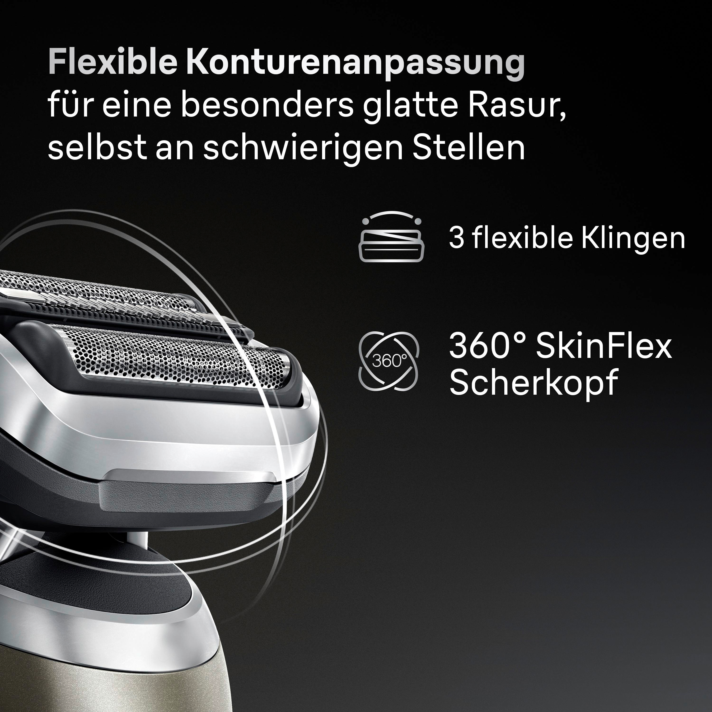 Nahaufnahme eines Rasierers. Er hat 3 flexible Klingen und einen 360° SkinFlex-Kopf. Text deutet auf flexible Konturanpassung hin.