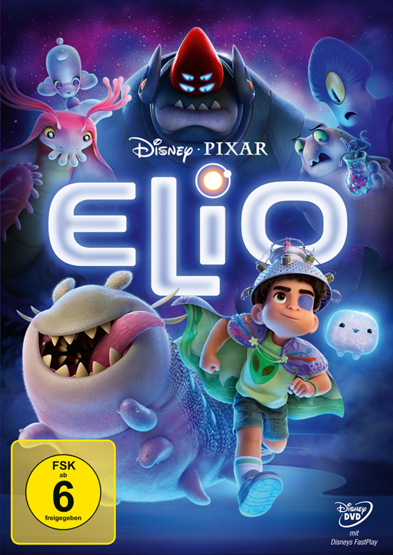 Filmposter für Elio. Es zeigt einen Jungen mit Außerirdischen und dem Elio-Titel. Der Hintergrund ist eine lila Weltraumszene mit Disney/Pixar-Logos.