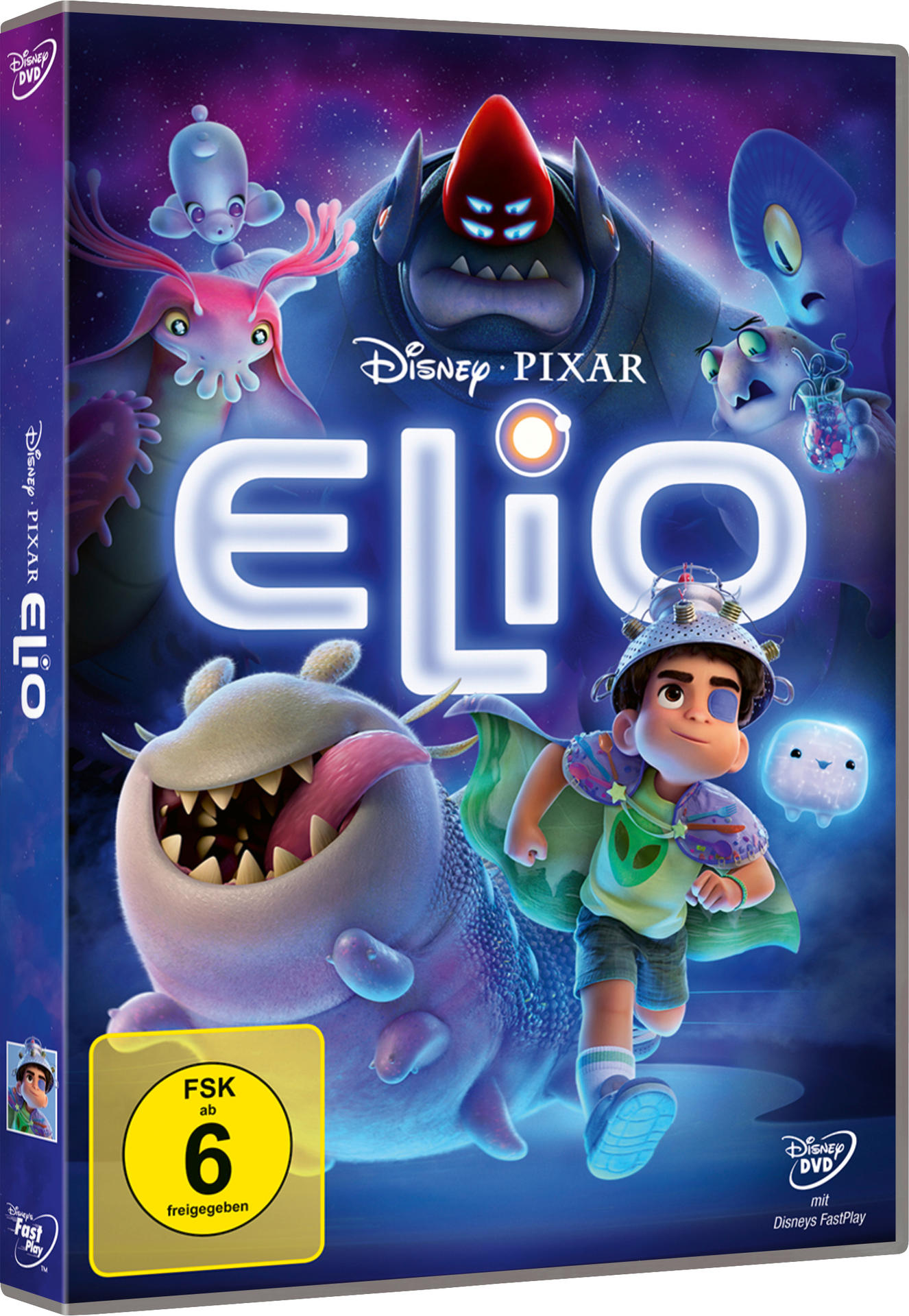 Elio DVD-Cover. Ein Junge rennt mit einem Alien. Andere Aliens umgeben das Logo. Der Hintergrund hat ein lila und blaues Weltraumthema.