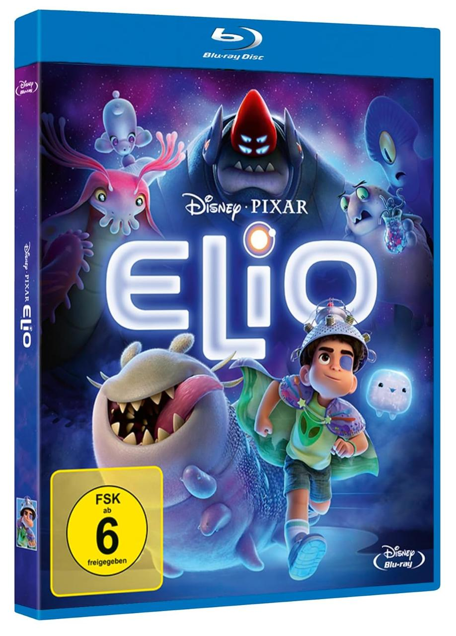 Blu-ray-Cover für Elio. Es zeigt die Titelfigur, verschiedene außerirdische Kreaturen und das Disney Pixar-Logo auf blauem Hintergrund.