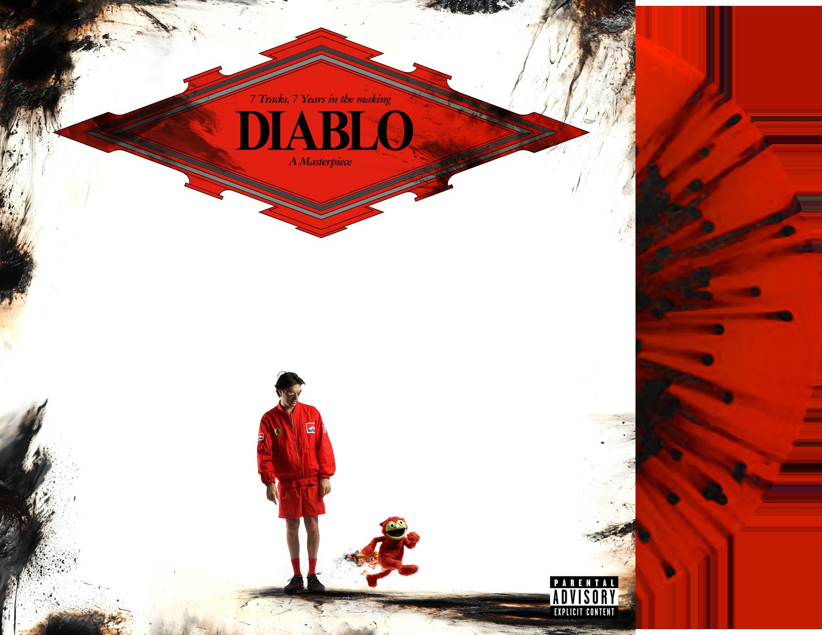 Albumcover: Mann in rotem Anzug, Elmo-ähnliche Figur und Diablo-Text. Rotes und schwarzes Design, Parental Advisory.