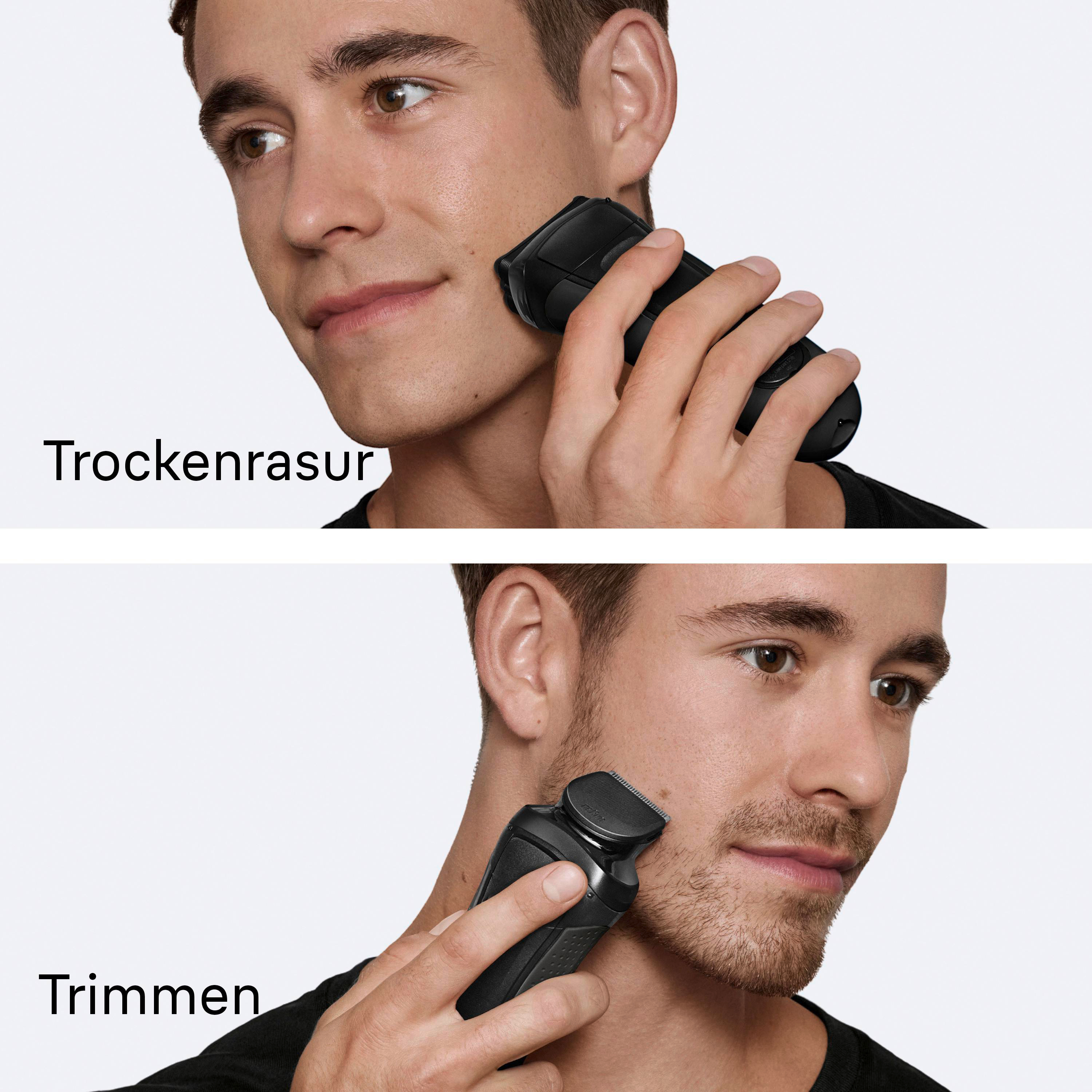 Ein Mann rasiert sich mit einem schwarzen Elektrorasierer. Das erste Bild zeigt die Rasur, das zweite das Trimmen. Beides vor weißem Hintergrund.