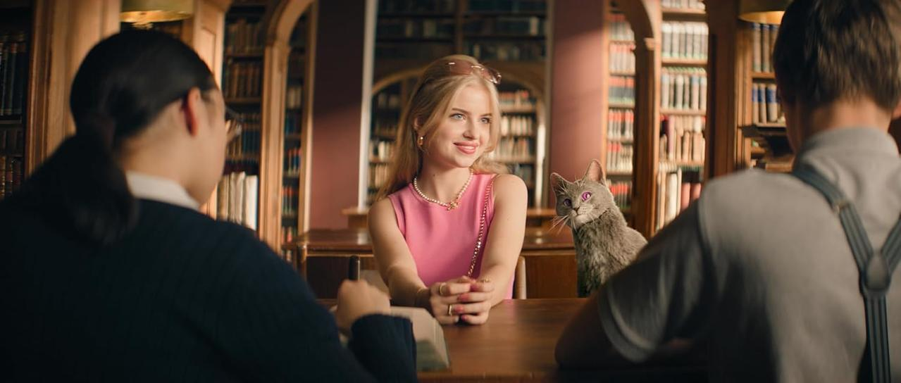 Drei Personen und eine Katze sitzen an Holztischen in einer Bibliothek mit Bücherregalen.
