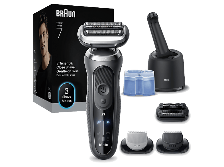 Braun Series 7 72-G7865cc Elektrorasierer, SmartCare Center, +3 Aufsätze (Akkubetrieb, Grau, Nass- & Trockenanwendung)