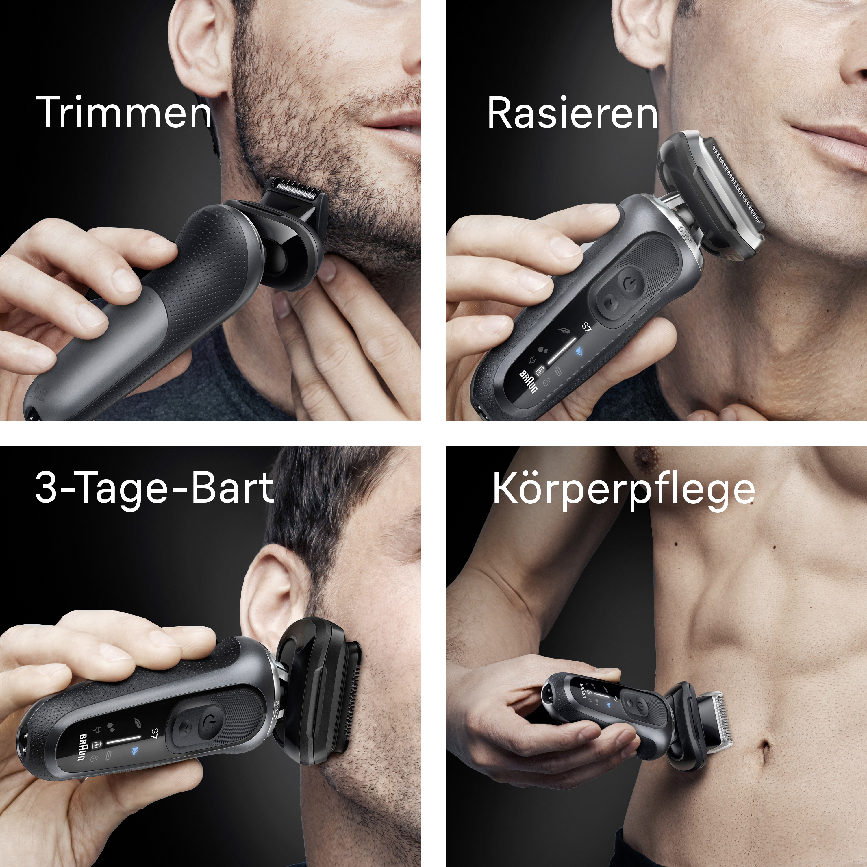 Das Bild zeigt die Verwendung von Rasierprodukten: Trimmen, Rasieren, 3-Tage-Bart und Körperpflege. Jeder zeigt einen Mann mit einem schwarzen Rasierer.