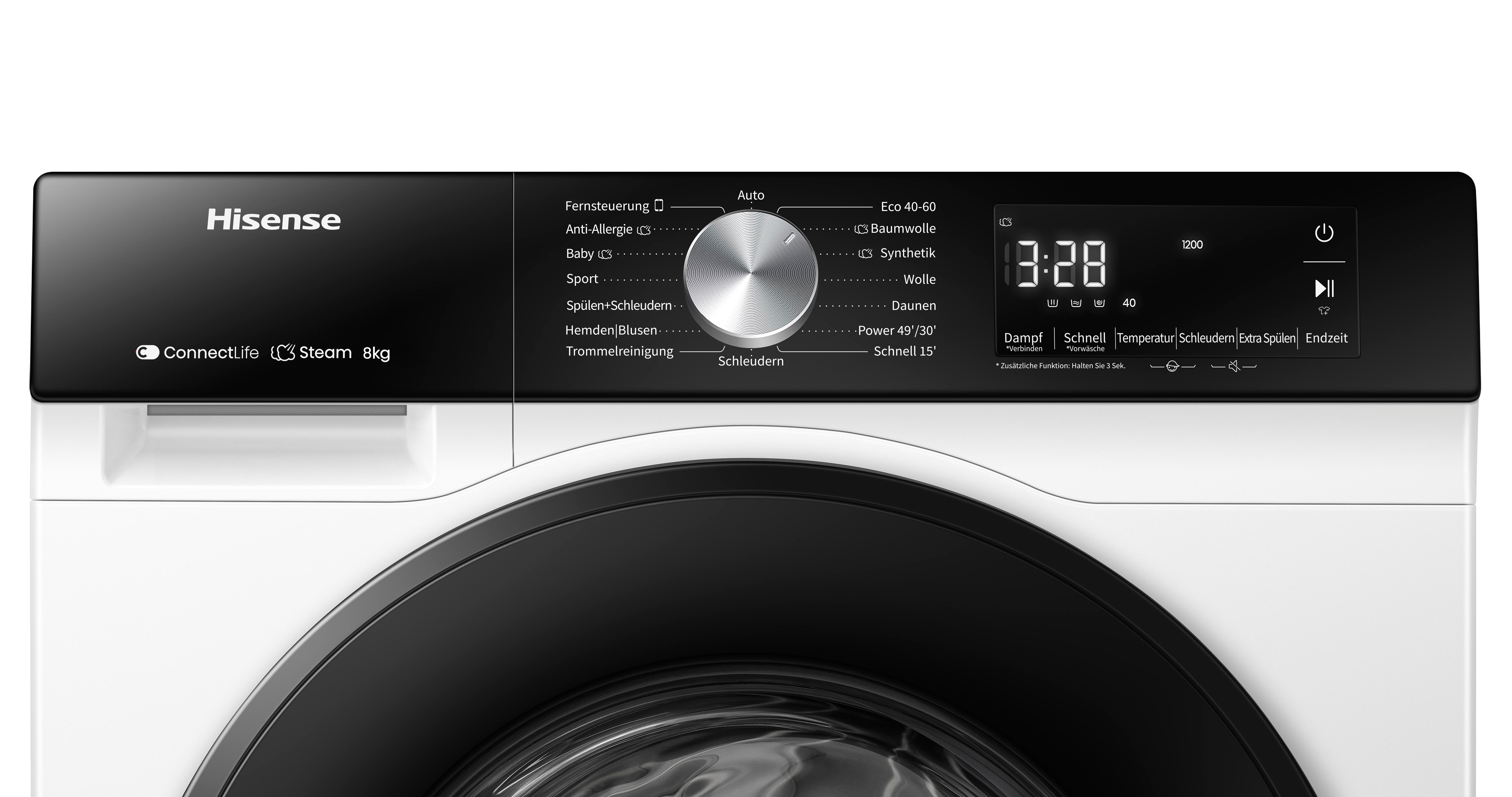 Eine Hisense Waschmaschine mit Bedienfeld, Drehknopf, Digitalanzeige und verschiedenen Programmen.