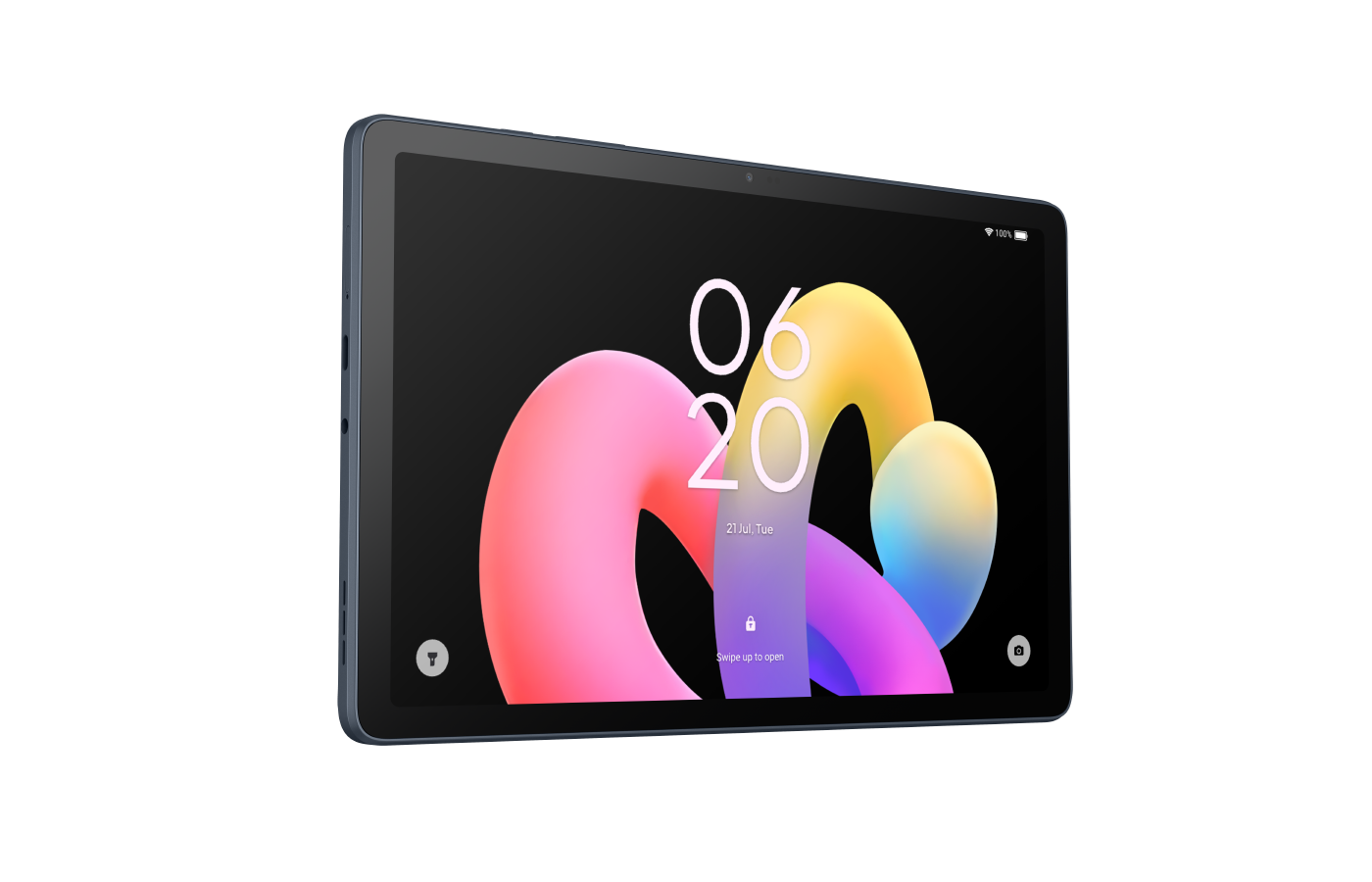 Mavi bir tablet, siyah bir ekranda 21 Temmuz tarihli renkli bir soyut tasarım görüntülüyor.