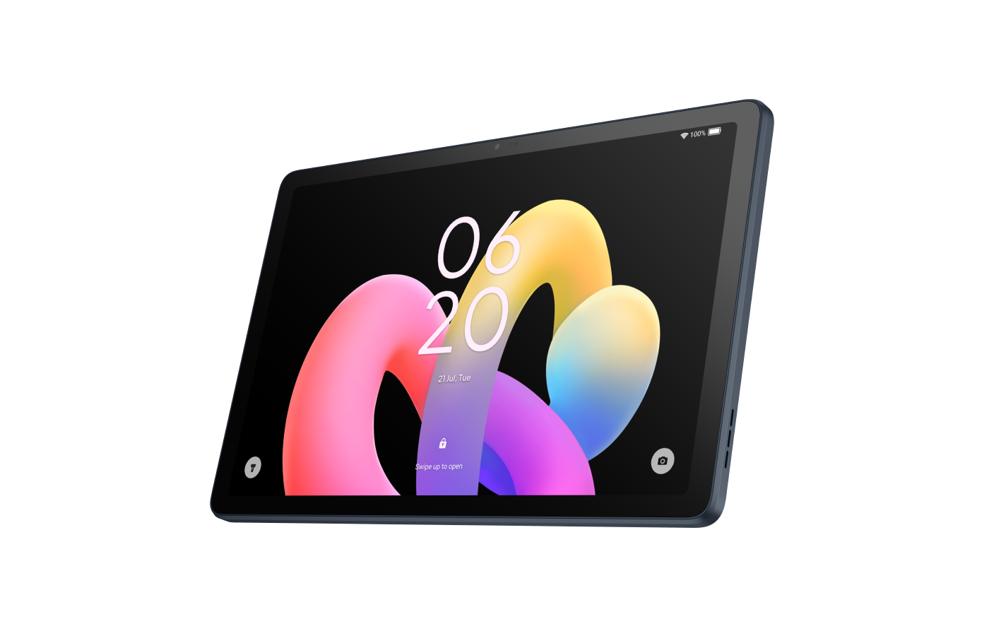Saat ve tarihi gösteren renkli bir kilit ekranına sahip bir tablet. Tablet koyu mavidir ve şık bir tasarıma sahiptir.