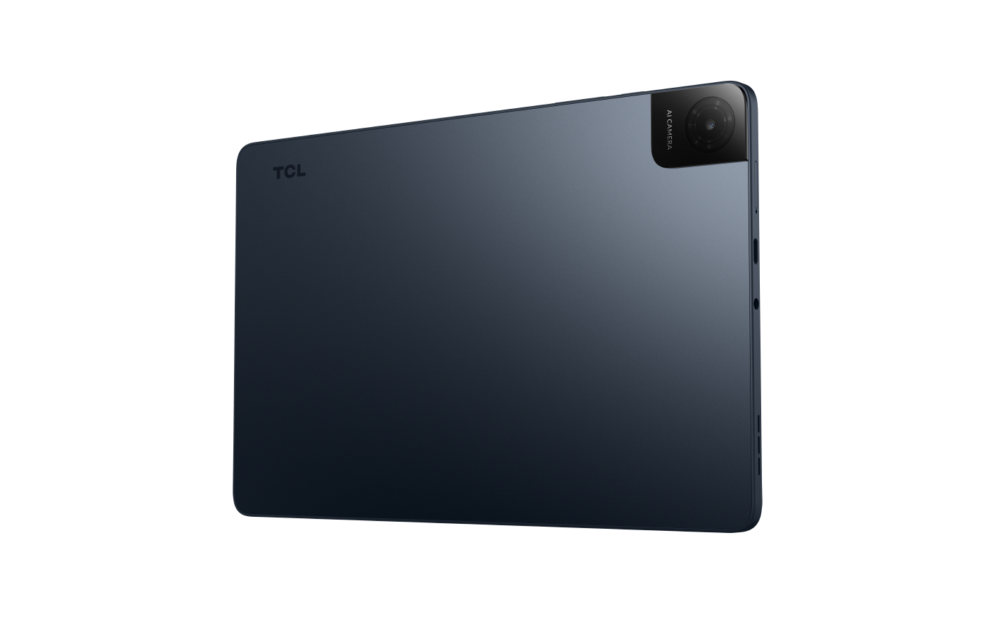 Koyu mavi bir TCL tablet. Tabletin arkası, bir kamera, marka logosu ve 'AI CAMERA' yazısıyla birlikte görülebilir.